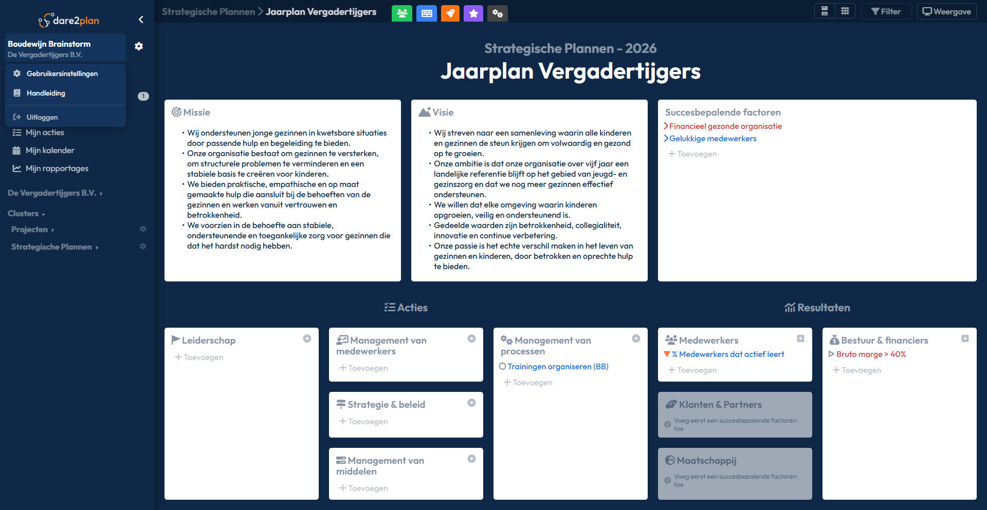 Resultaten en acties in een plan